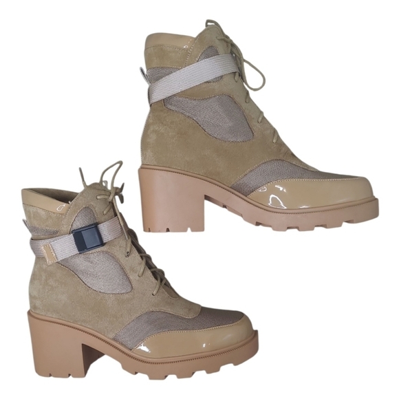 Vivianly MOTO Lace-Up Chunky Heel Platform Combat Boots Nude Size 10 - Picture 3 of 16
